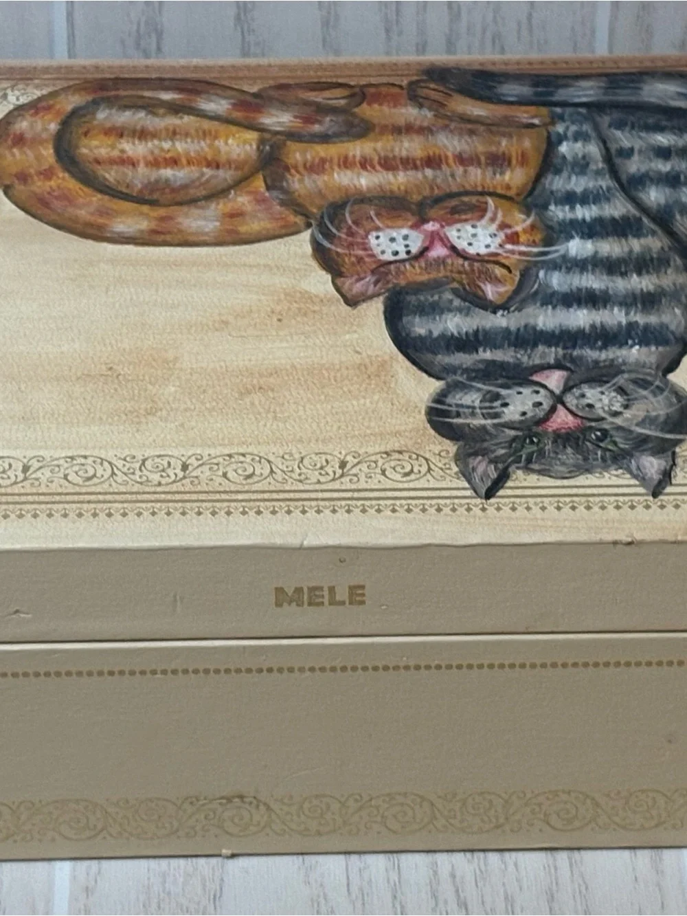 Vintage Jewelry Box Faux Leather Handpainted Cat Design